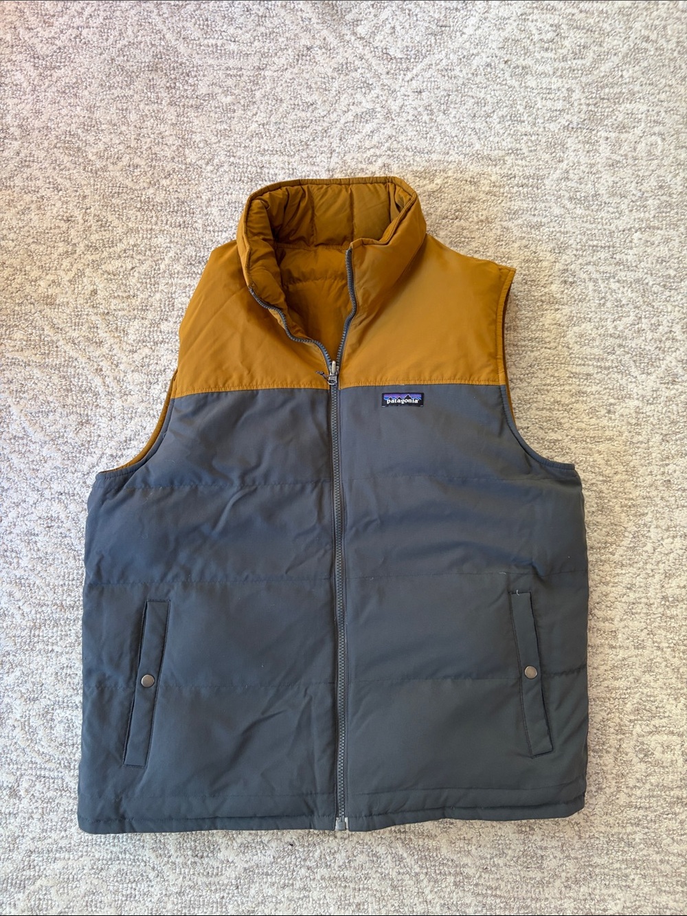 Patagonia Men's Reversible Bivy Down Vest - Mustard Top & Charcoal Body